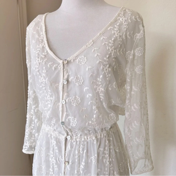 White Lacy Embroidered Maxi Dress Festival Summer Boho Kimono Medium - Picture 7 of 11